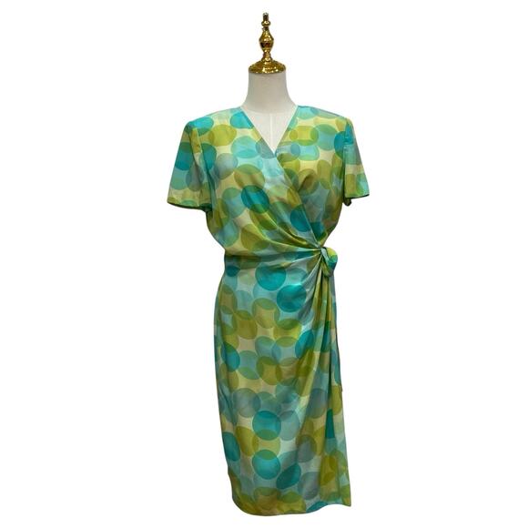 Vintage 90s Maggy London 100% Silk Green & Blue Polka Dot Wrap Dress size 10 - Picture 1 of 10